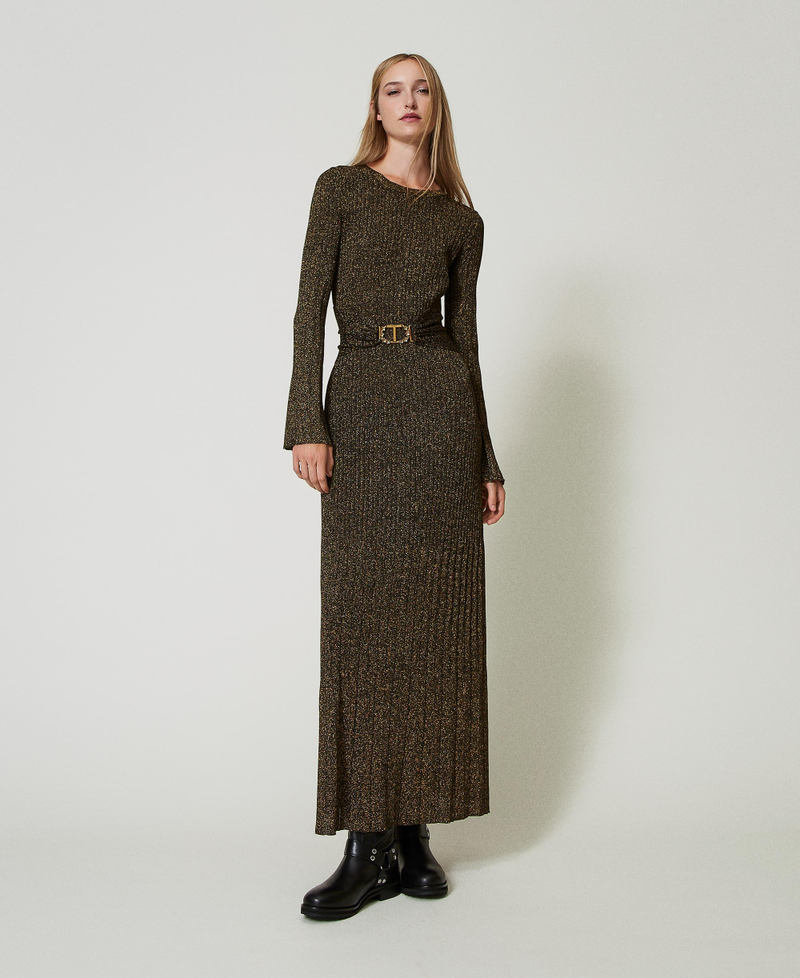 Long rib knit dress with Oval T belt Two-tone Black / Dark Gold Woman 242TT3460_12028_02
