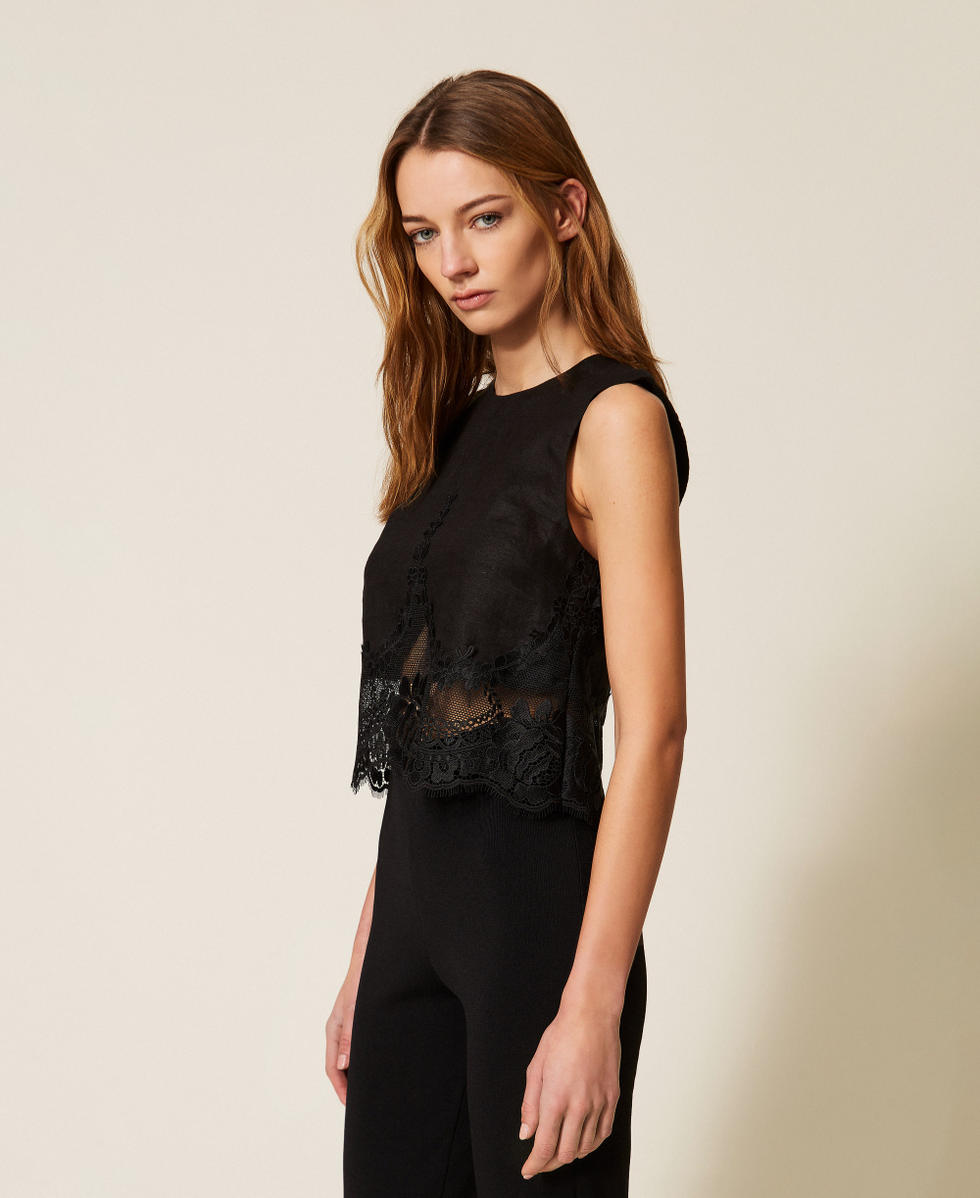 Linen top with lace Black Woman 261TT2182_00006_02