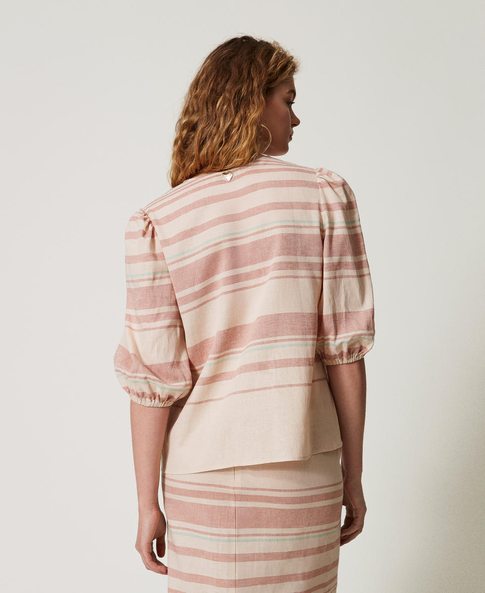 Linen-blend striped blouse with embroidery Almond Beige/Green Marine/Amber Brown Stripes Woman 251LM2RAA_12377_03