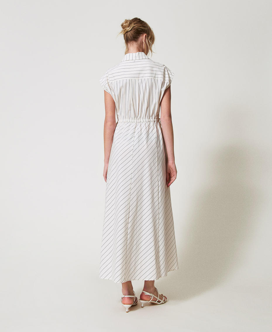 Long poplin dress with macramé Angora Beige/Black Stripes Woman 251AP2486_12235_02