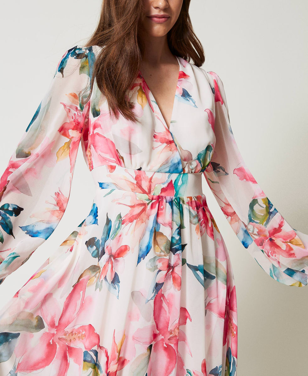 Robe longue en cr&ecirc;pe georgette imprim&eacute; floral Imprim&eacute; Fleurs Nacre/Multicolore Femme 251LB2ZHH_12194_04