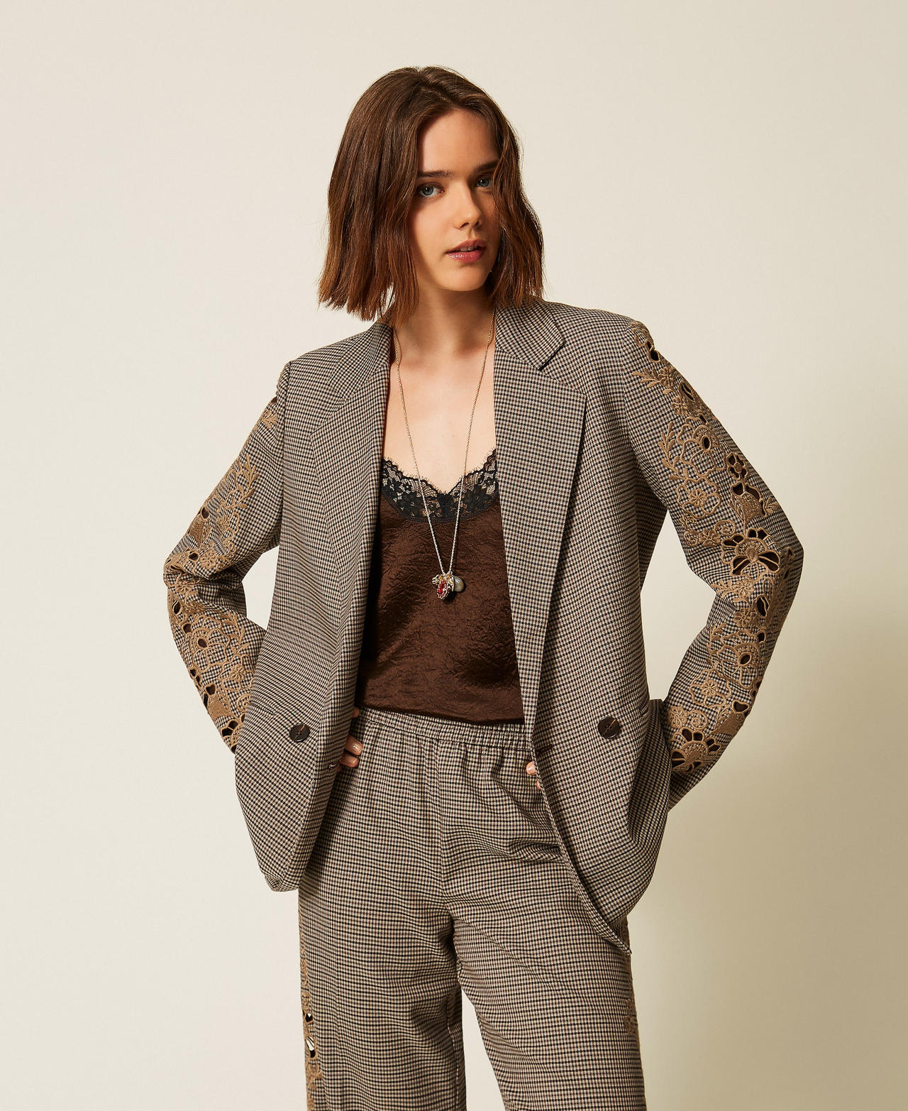 Twinset Women's "Oak" Beige/Darkness Brown Houndstooth Houndstooth Blazer With Embroidery