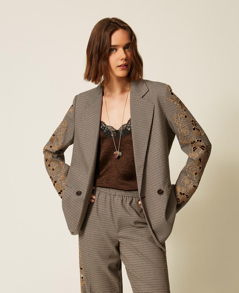 Houndstooth blazer with embroidery "Oak" Beige/Darkness Brown Houndstooth Woman 262TP2630_13828_01