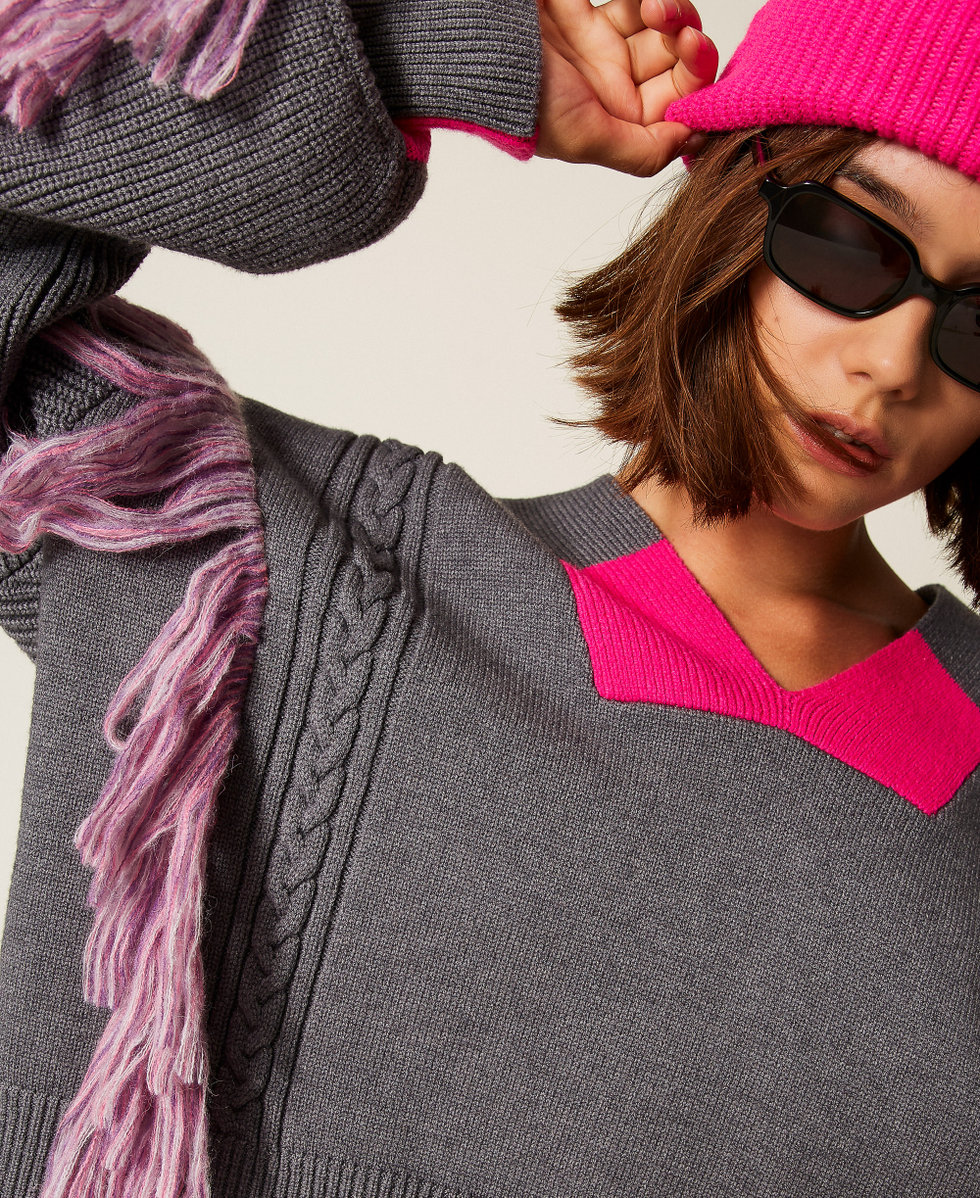 Pull MYFO avec franges et torsades Bicolore Gris Moyen Chiné/Rose Fluo Femme 252AQ3030_13016_PD