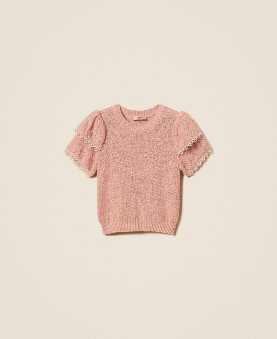 Crew neck jumper with flounces Light Dusty Pink Woman 262TP3152_12747_S0