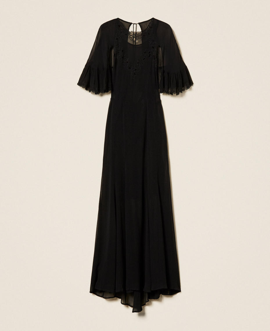 Robe longue en cr&ecirc;pe georgette avec broderie Noir Femme 252TS2293_00006_S0