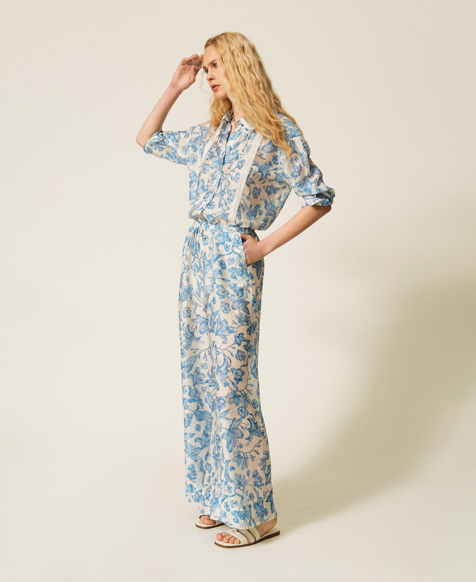 Floral palazzo trousers Off White/Med Blue Toile De Jouy Print Woman 261LM2SBB_13465_02