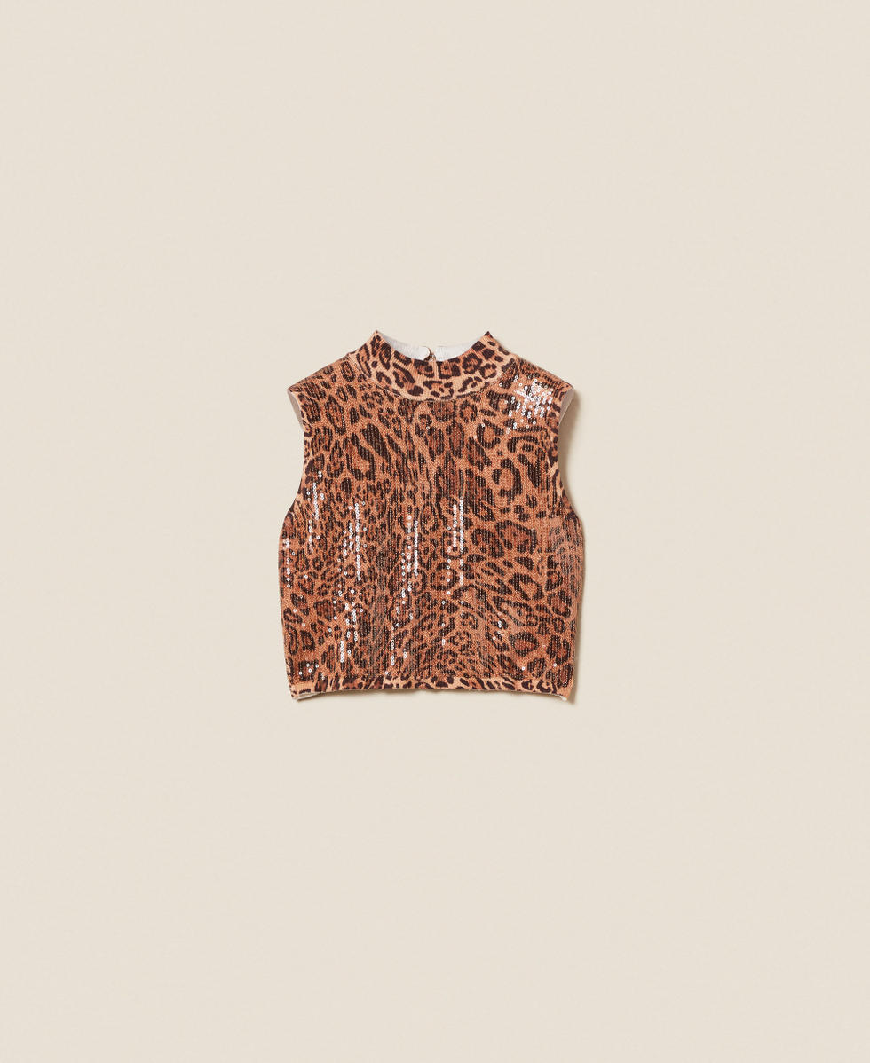Top en maille avec sequins Imprim&eacute; Animalier Coffee/Marron &laquo;&nbsp;Land&nbsp;&raquo; Femme 252TP3612_12737_S0