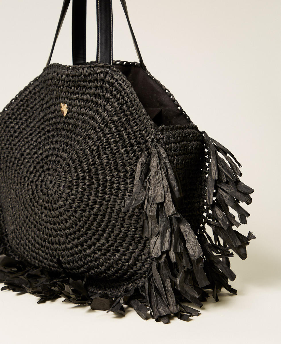 Runder Shopper aus Rafia mit Fransen Schwarz Frau 261LB7BAA_00006_02