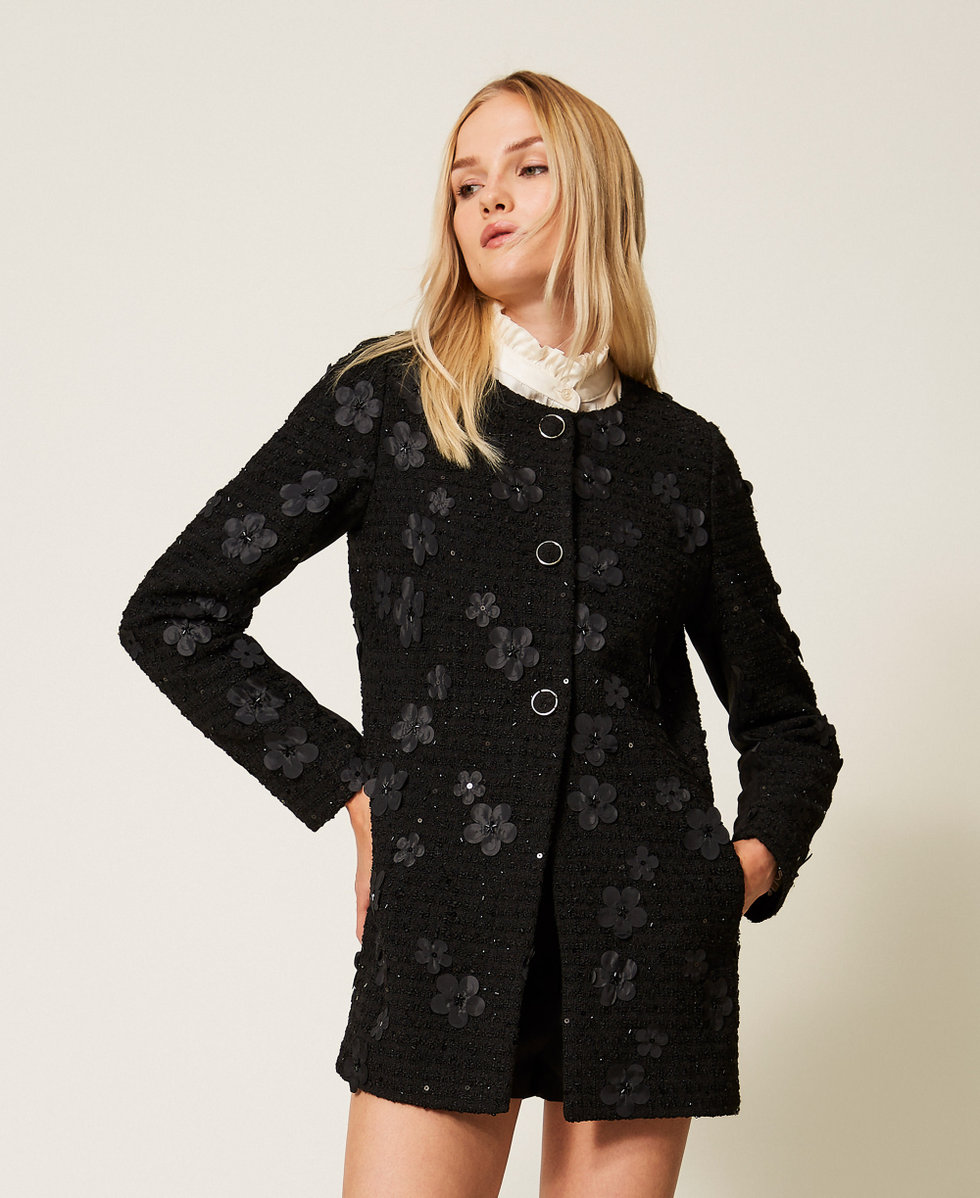Bouclé coat with flowers and sequins Woman, Black | TWINSET