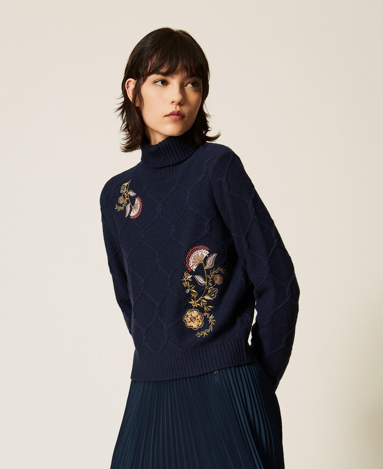 Turtleneck wool jumper with floral embroidery Blue Paint Woman 262AP3190_13182_01