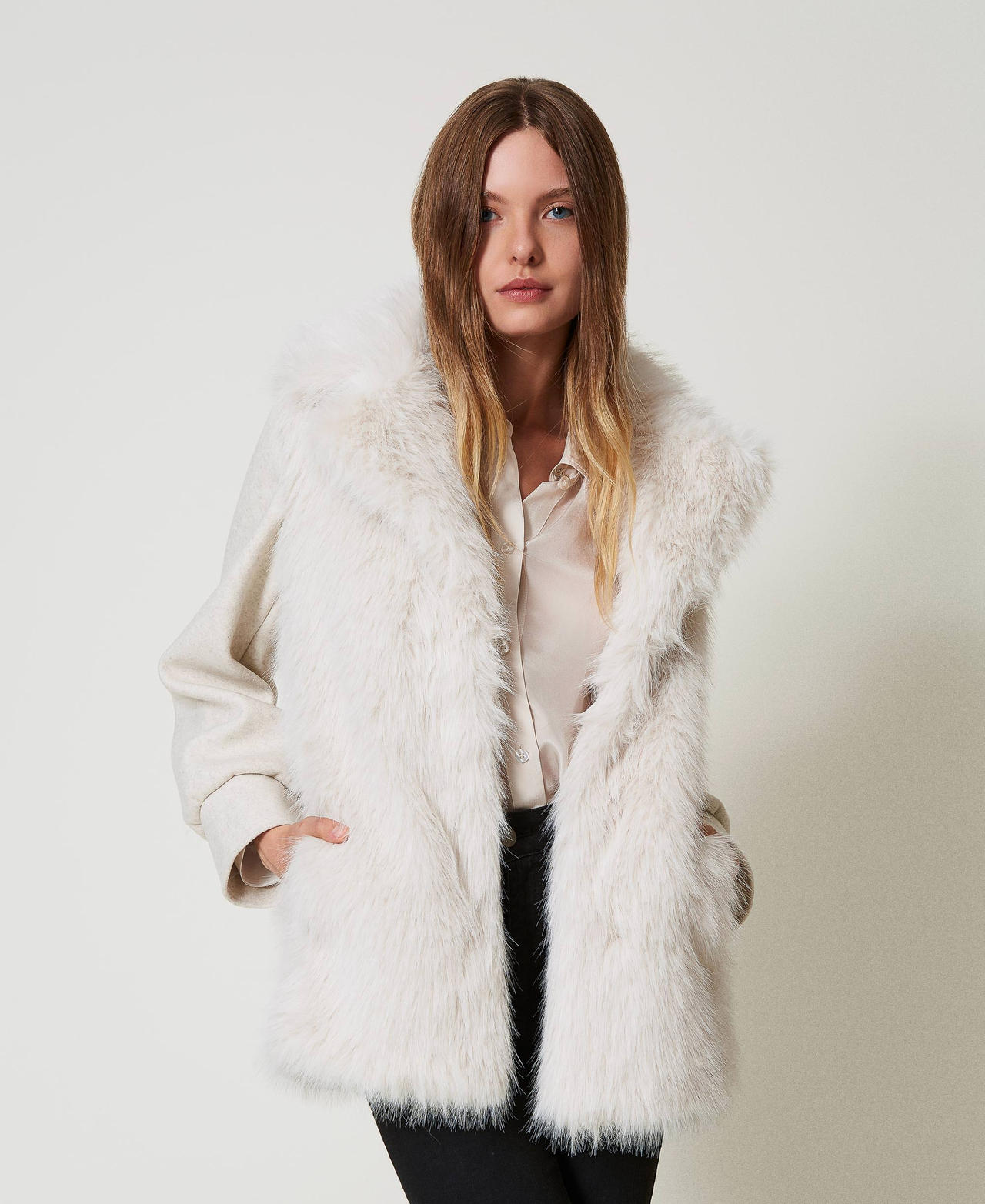 Wool cloth and faux fur coat Woman White TWINSET Milano
