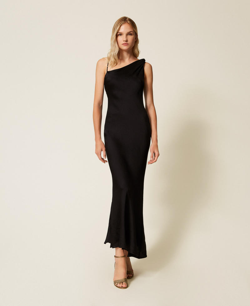 Long asymmetric satin dress Black Woman 252TP2360_00006_01