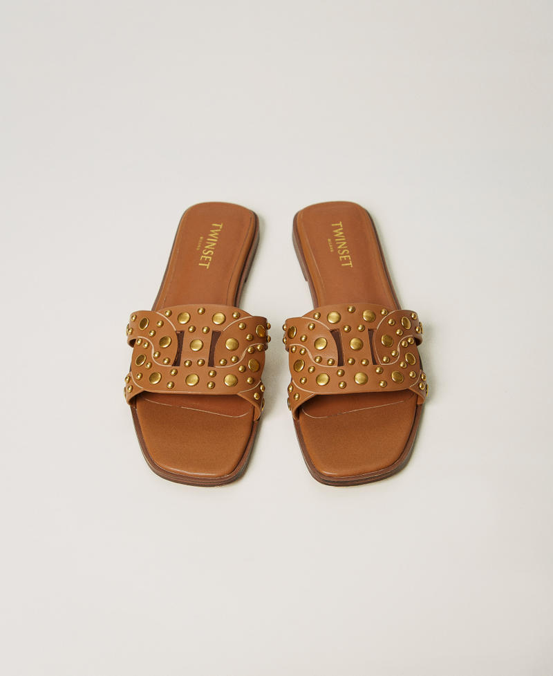 Leather slider sandals with studs Leather Brown Woman 251TGT072_00057_04