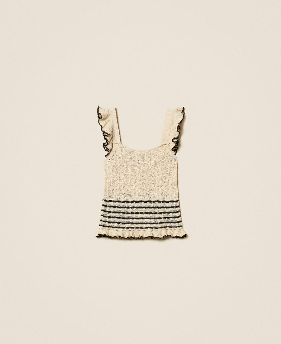 Pull avec rayures et volants Bicolore Jacquard Blanc &laquo;&nbsp;Parchemin&nbsp;&raquo;/Noir Femme 261LB3HCC_13338_S0