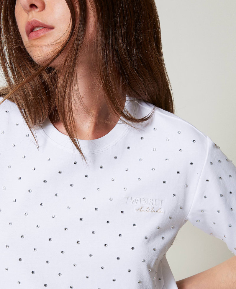 Boxy T-shirt with rhinestones "Papers" White Woman 251AP2210_00840_PA