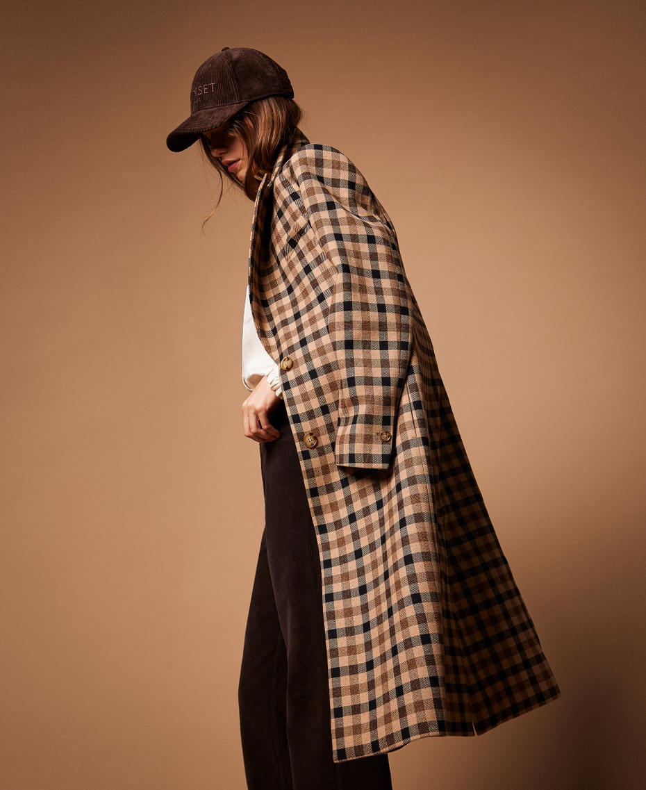 Karierter Mantel aus Wollmischung Check Kamelbraun / Schwarz Frau 252TT2430_12885_PC