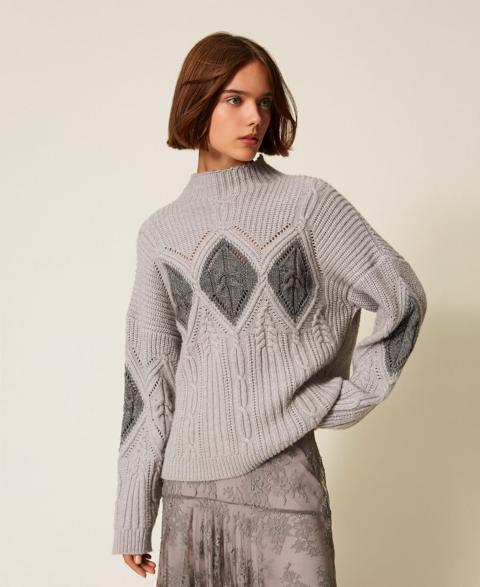 Pullover aus Wollmischung mit Intarsien Zweifarbig Hellgrau-Melange / Mittelgrau-Melange Lurex Frau 252TT3290_13011_02