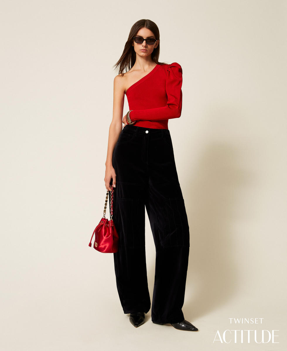 Pull asym&eacute;trique avec drap&eacute; Rouge Cerise Femme 252AT3011_00034_PA