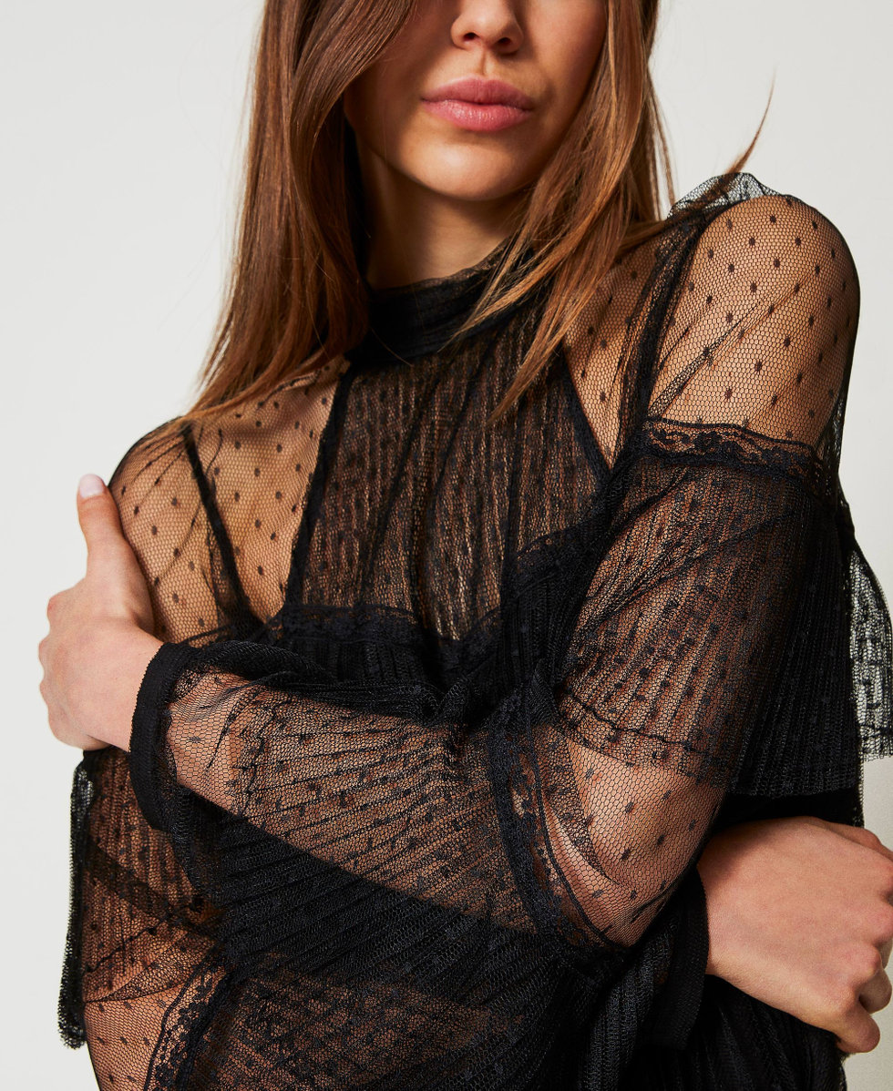 Blouse en tulle avec volants pliss&eacute;s Noir Femme 251TP2513_00006_04