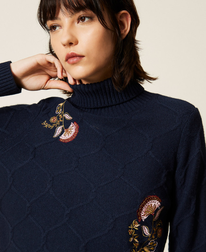 Turtleneck wool jumper with floral embroidery Blue Paint Woman 262AP3190_13182_04