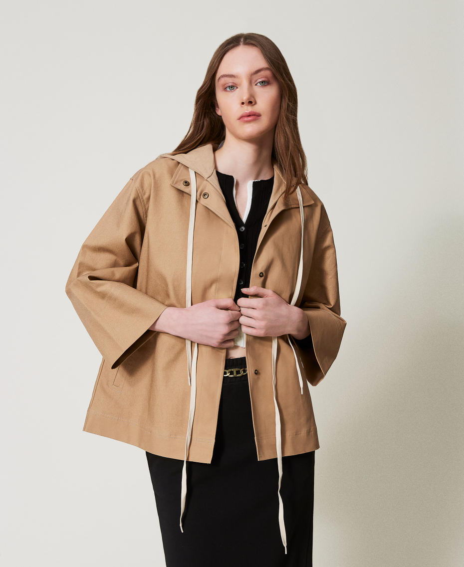 Caban jacket with hood and drawstring Rope Beige Woman 251TE2180_12145_01