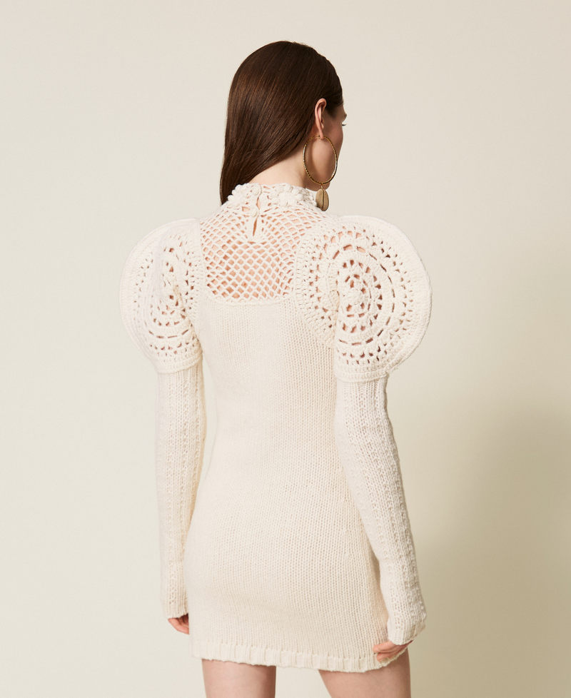 Short wool knit dress with crochet work White Snow Woman 252TS3140_00282_03