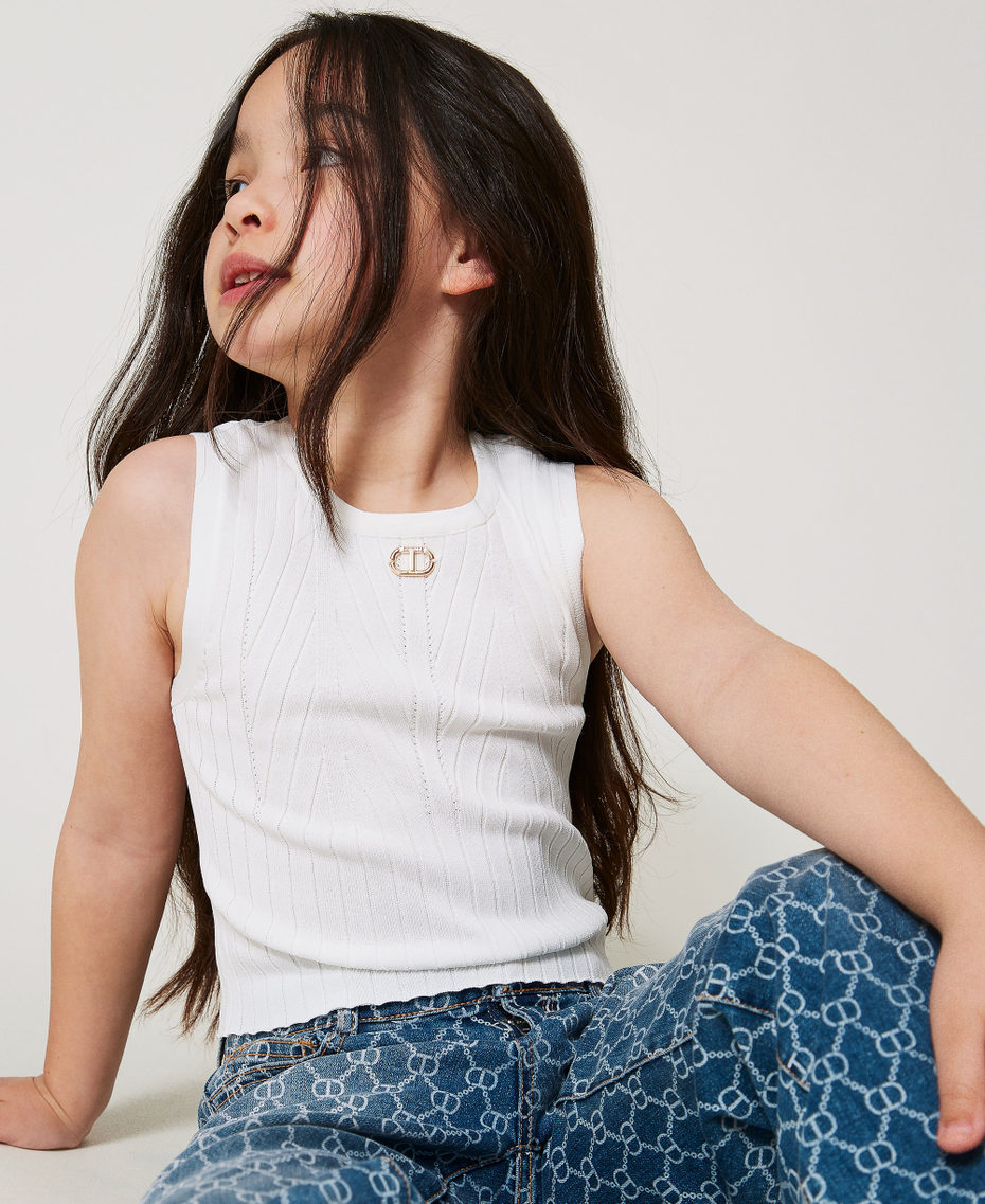 Rib knit top with Oval T "Ice" White Girl 251GJ3404_00808_PD