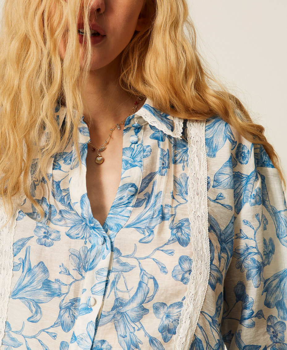 Camisa de flores con encaje Estampado Toile De Jouy Blanco Roto / Azul Med Mujer 261LM2SAA_13465_04