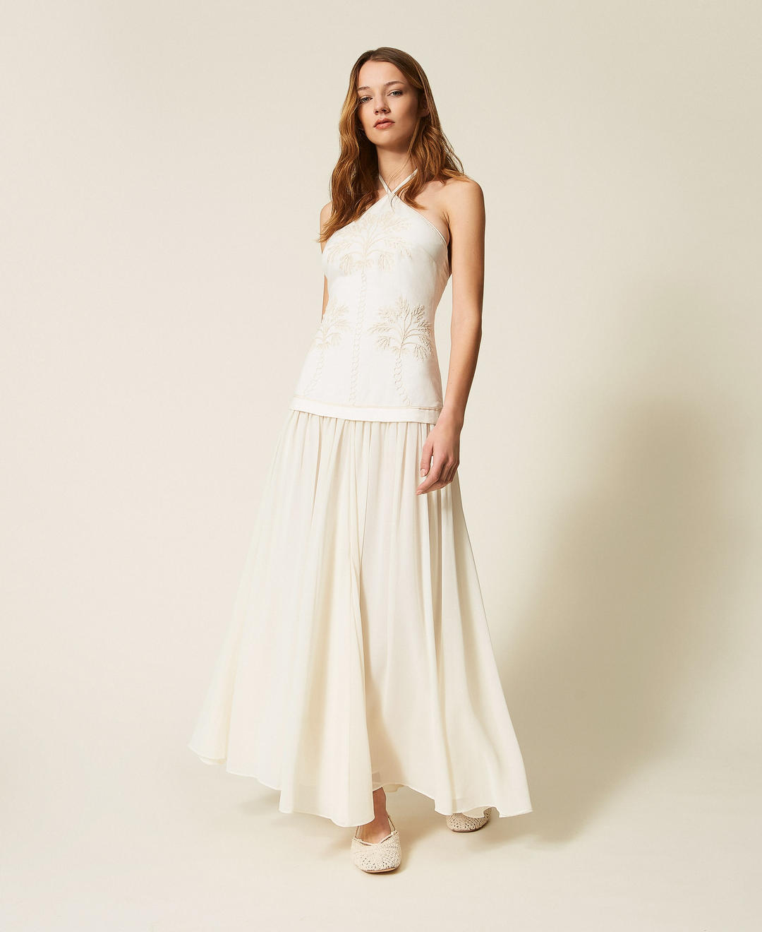 Robe longue en lin mélangé et crêpe georgette