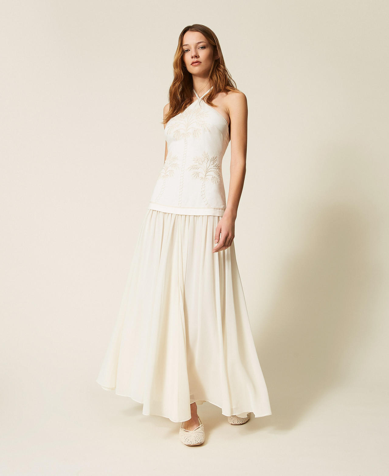 Robe longue en lin mélangé et crêpe georgette