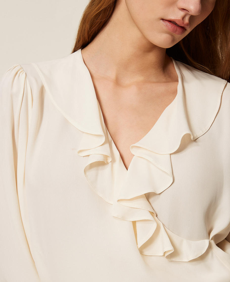 Cr&ecirc;pe de Chine blouse with ruffles Mother Of Pearl Woman 261TP2073_00059_04