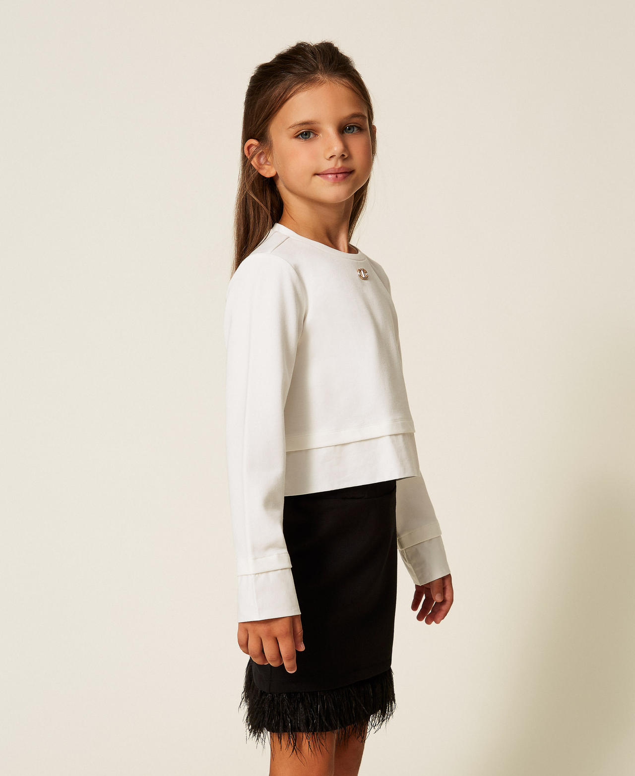 Blouse et jupe avec plumes Bicolore Blanc Cassé / Noir Fille 252GJ2112_02722_02