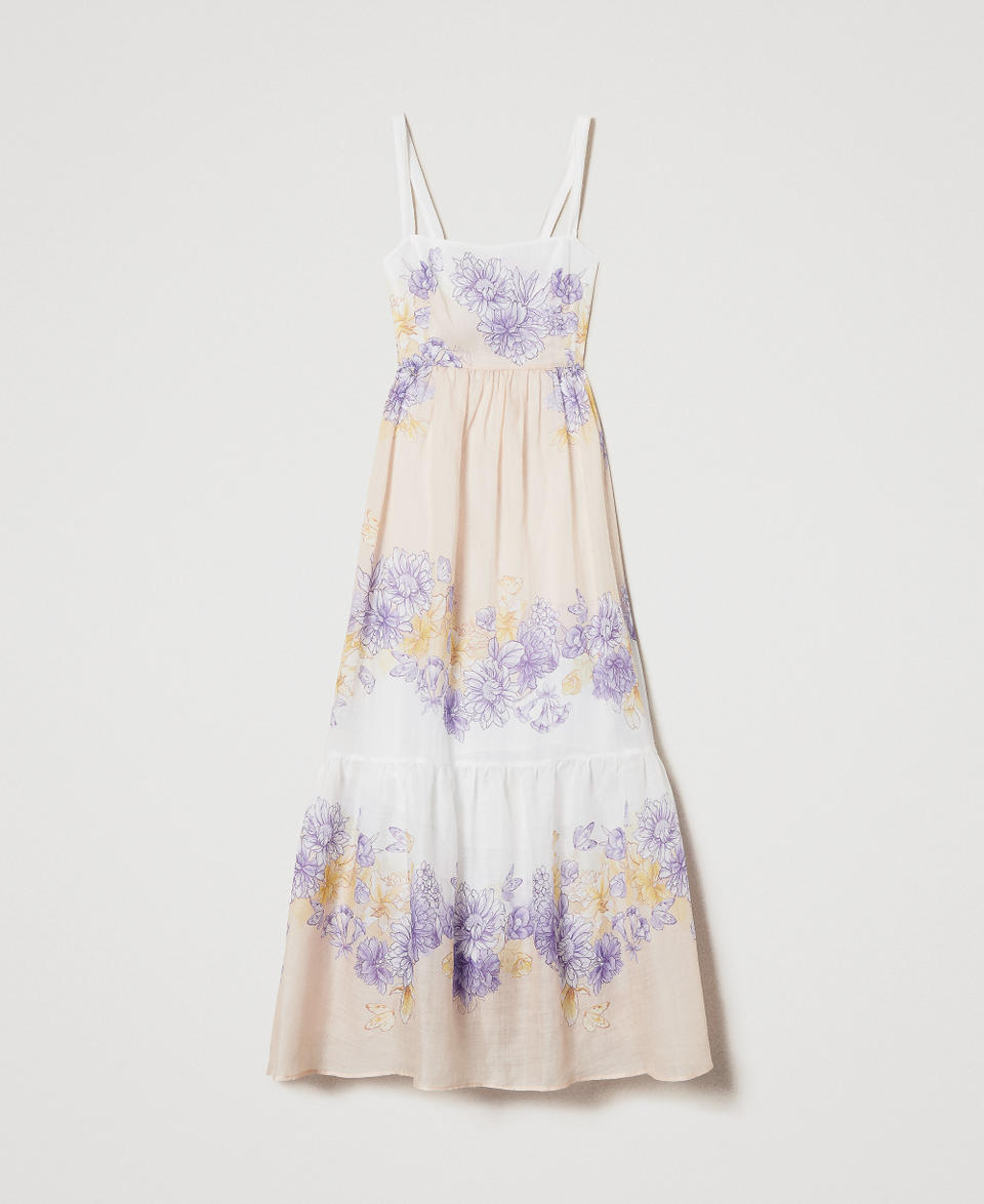 Long floral ramie bustier dress Flowers/Cold Lavender Hummingbird/Yellow Print Woman 251TT206B_12512_S0
