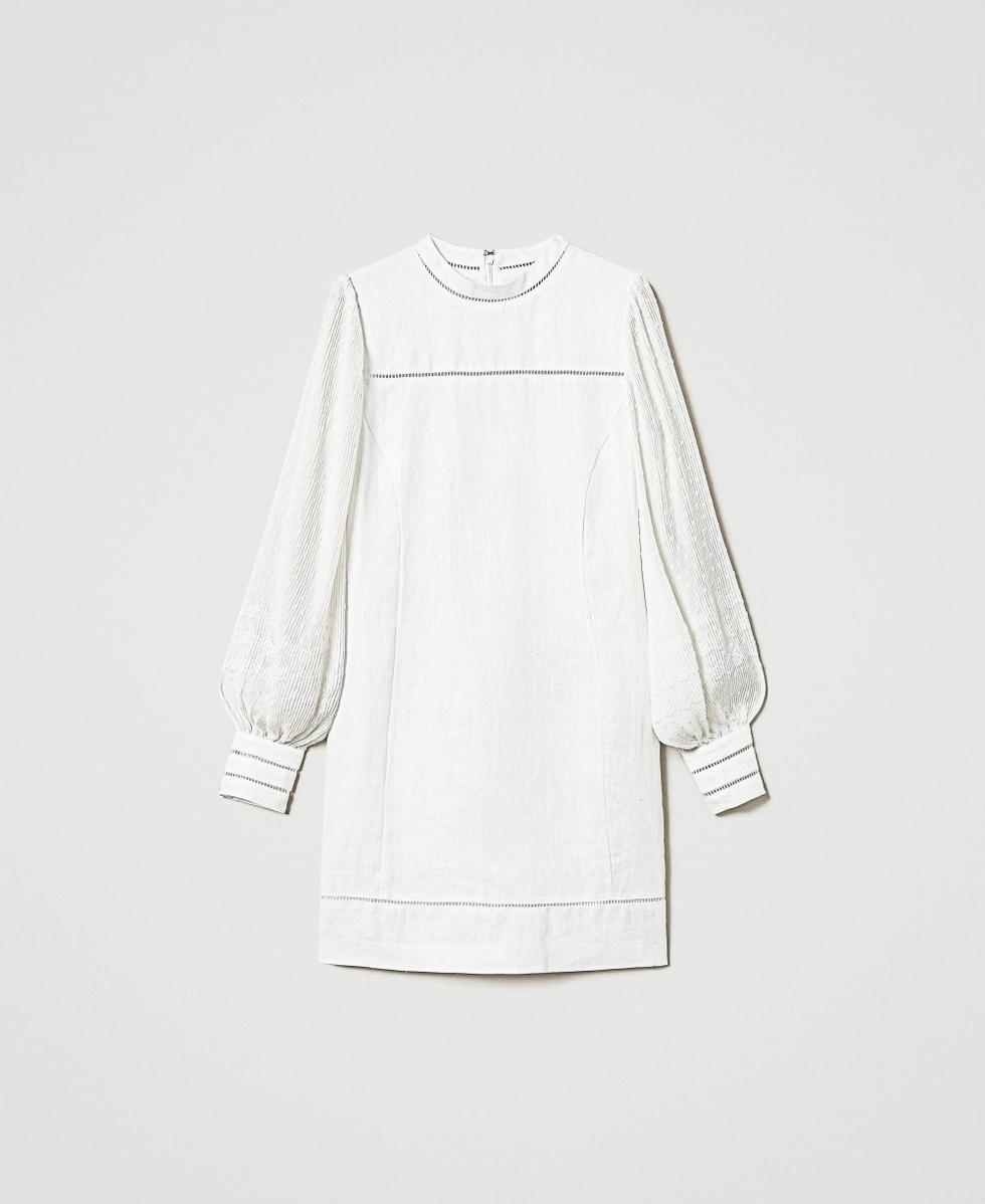 Robe courte en m&eacute;lange de lin et cr&ecirc;pe georgette Blanc Neige Femme 251TP2061_00282_S0