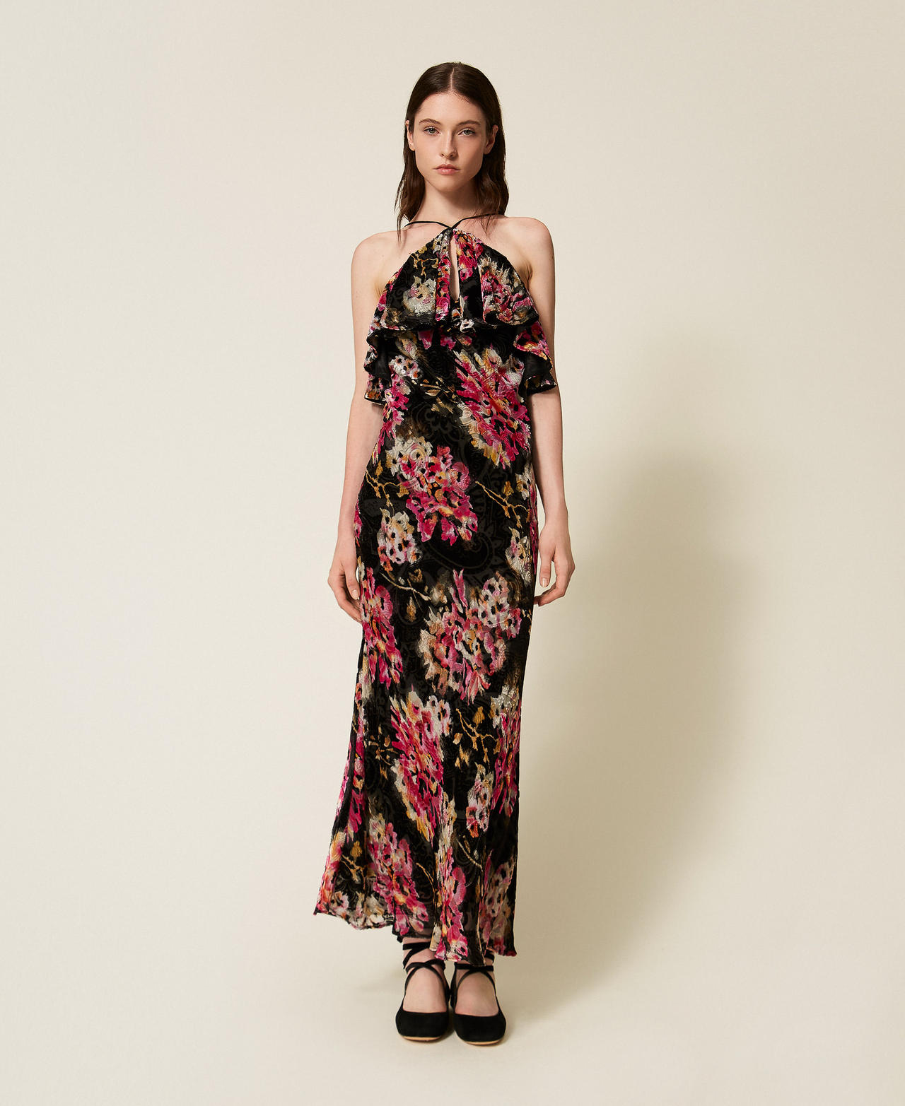 Silk blend velvet floral dress Black/Magenta Floral Print Woman 252TS2330_13099_01