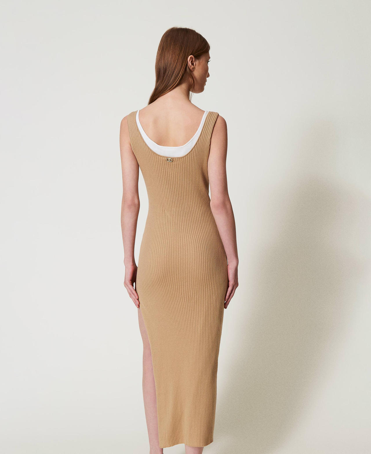 Long trompe-l'œil fitted knit dress Two-tone Rope Beige/Snow Woman 251TE3014_12292_03