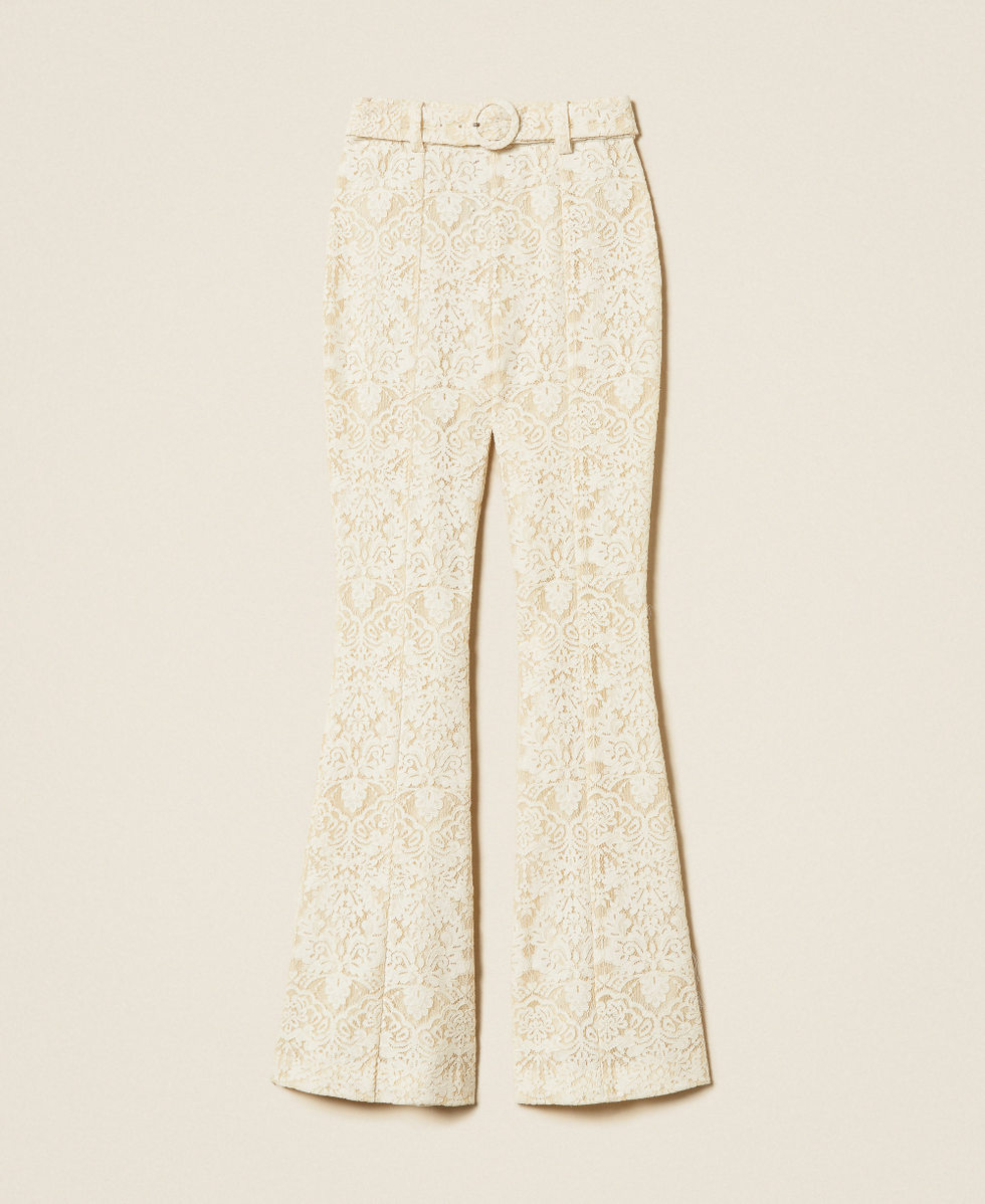 Flared lace trousers with belt