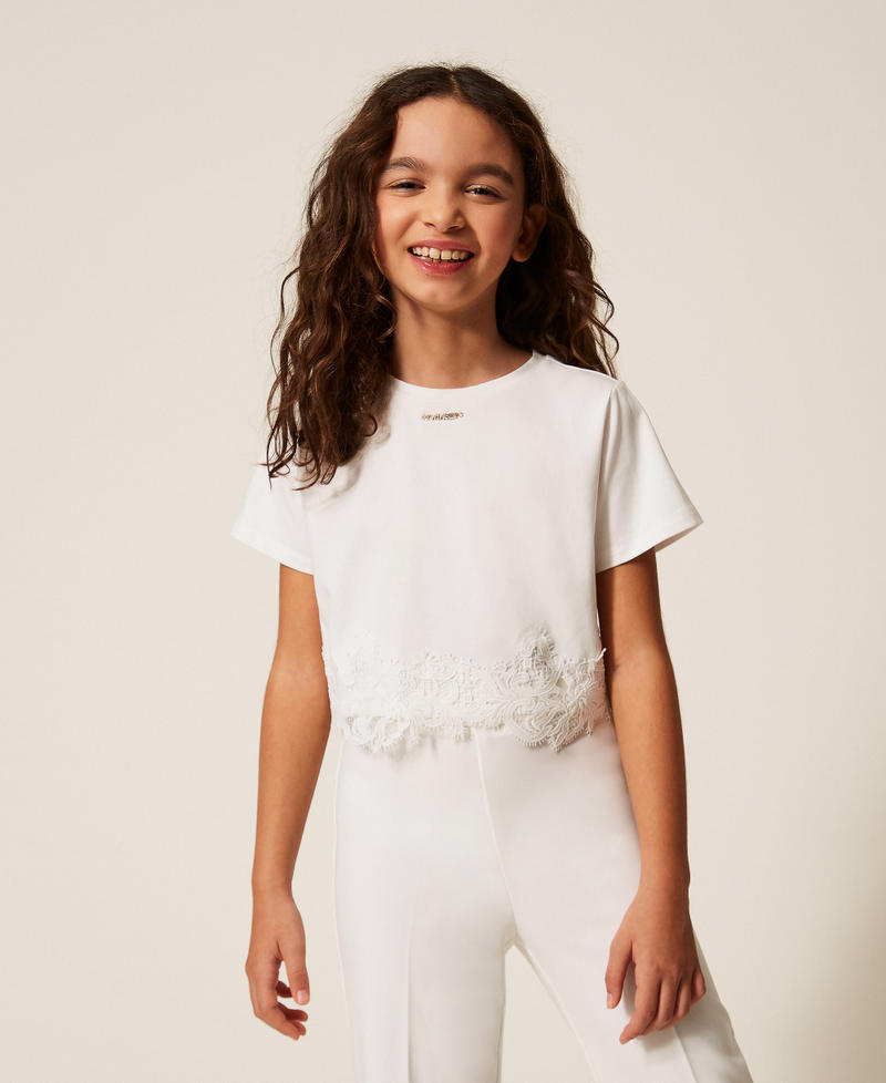 T-shirt con pizzo e logo Off White Bambina 261GJ2090_00526_02