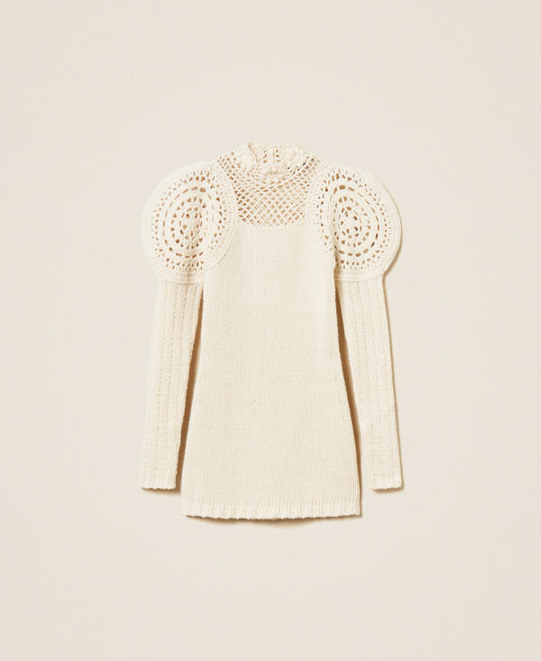 Short wool knit dress with crochet work