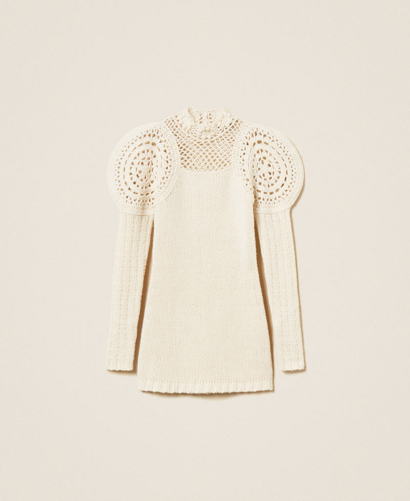 Short wool knit dress with crochet work White Snow Woman 252TS3140_00282_S0