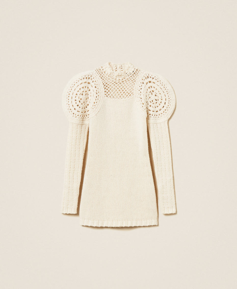 Short wool knit dress with crochet work White Snow Woman 252TS3140_00282_S0