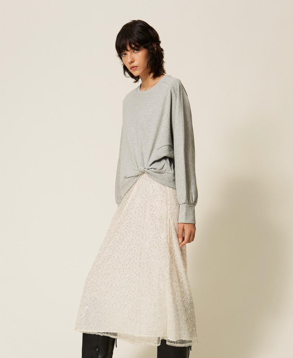 Maxikleid aus Sweatstoff und besticktem T&uuml;ll Zweifarbig Hellgrau-Melange / Stickerei "Sandbeige" Frau 262LI2GCC_13878_02