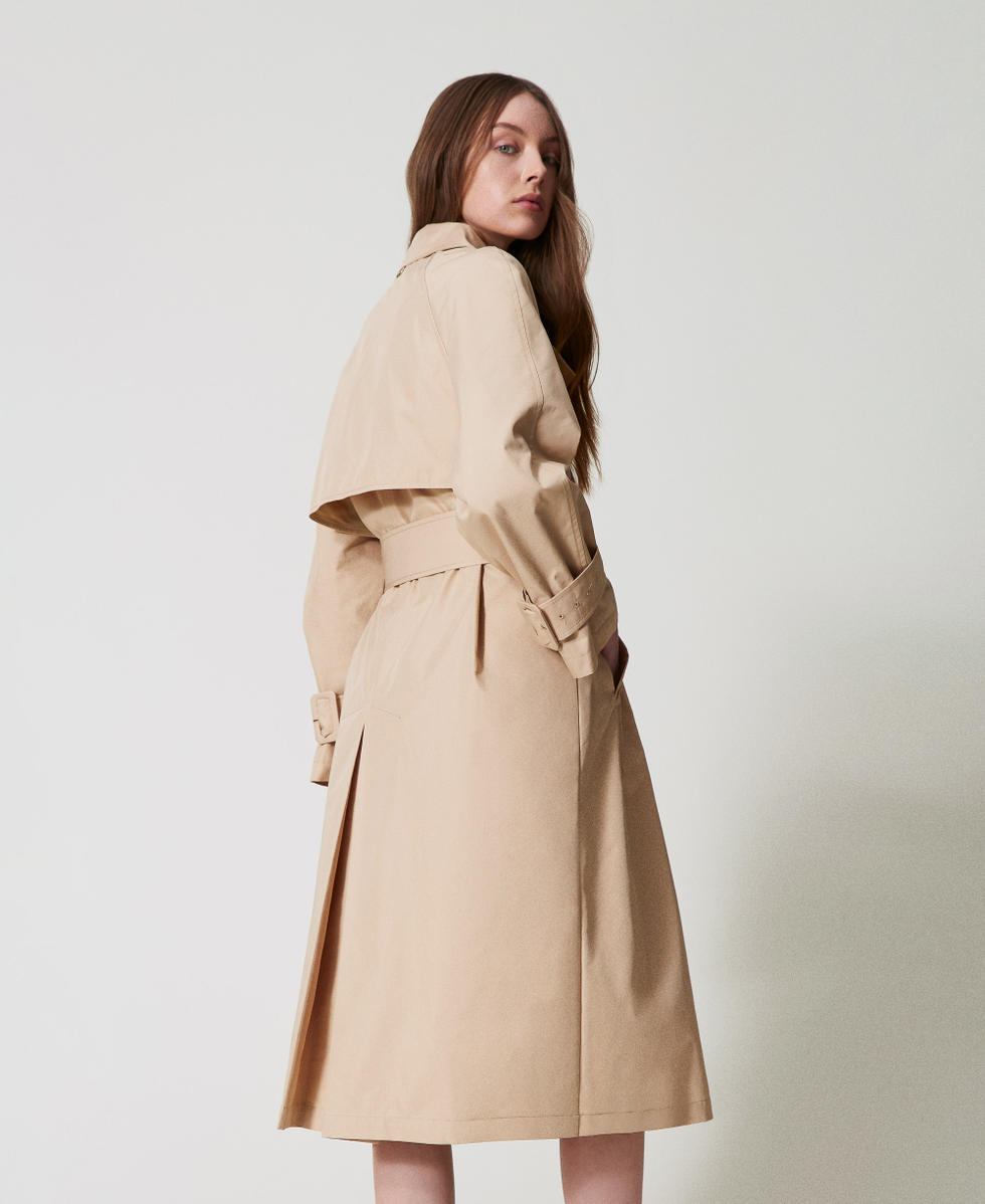Twill trench coat with Oval T buttons Woman, Beige | TWINSET