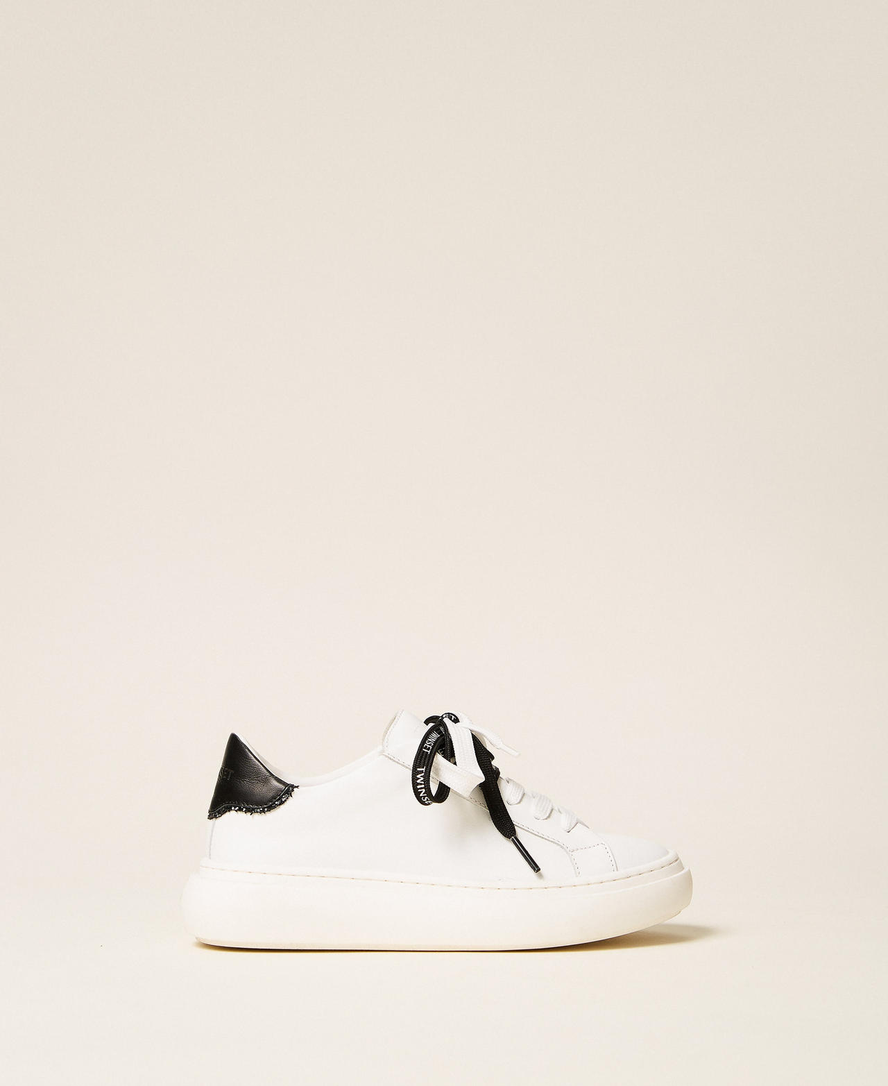 Twinset Girls Two Tone Off White/Black Leather Trainers With Logo