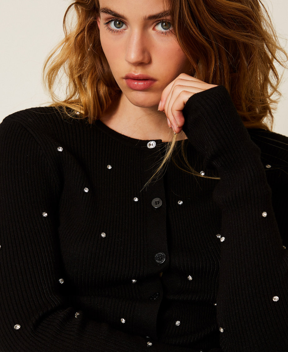 Crew neck cardigan with embroidery Black Woman 252LI3DAA_00006_04