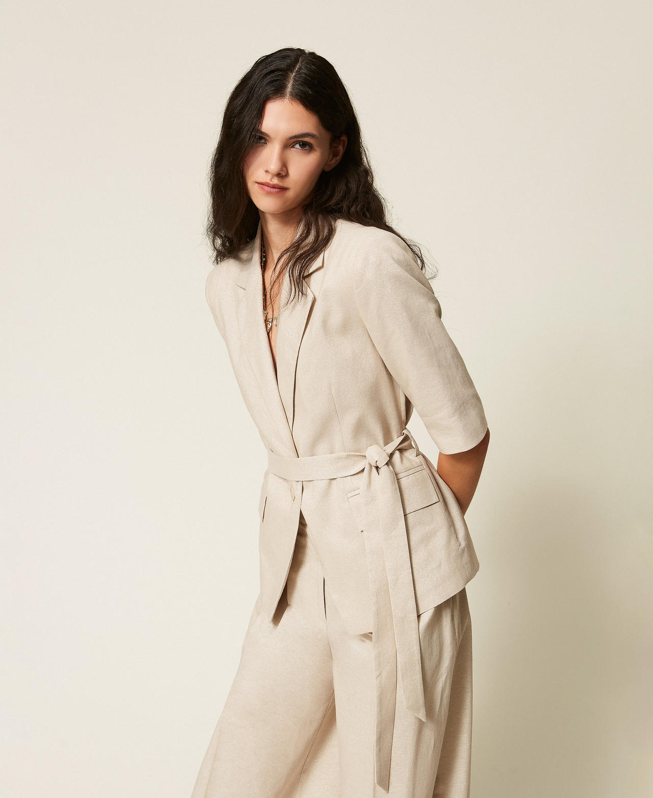 Actitude By Twinset Women's Cashew Beige Lurex Linen Blend Blazer With Lurex