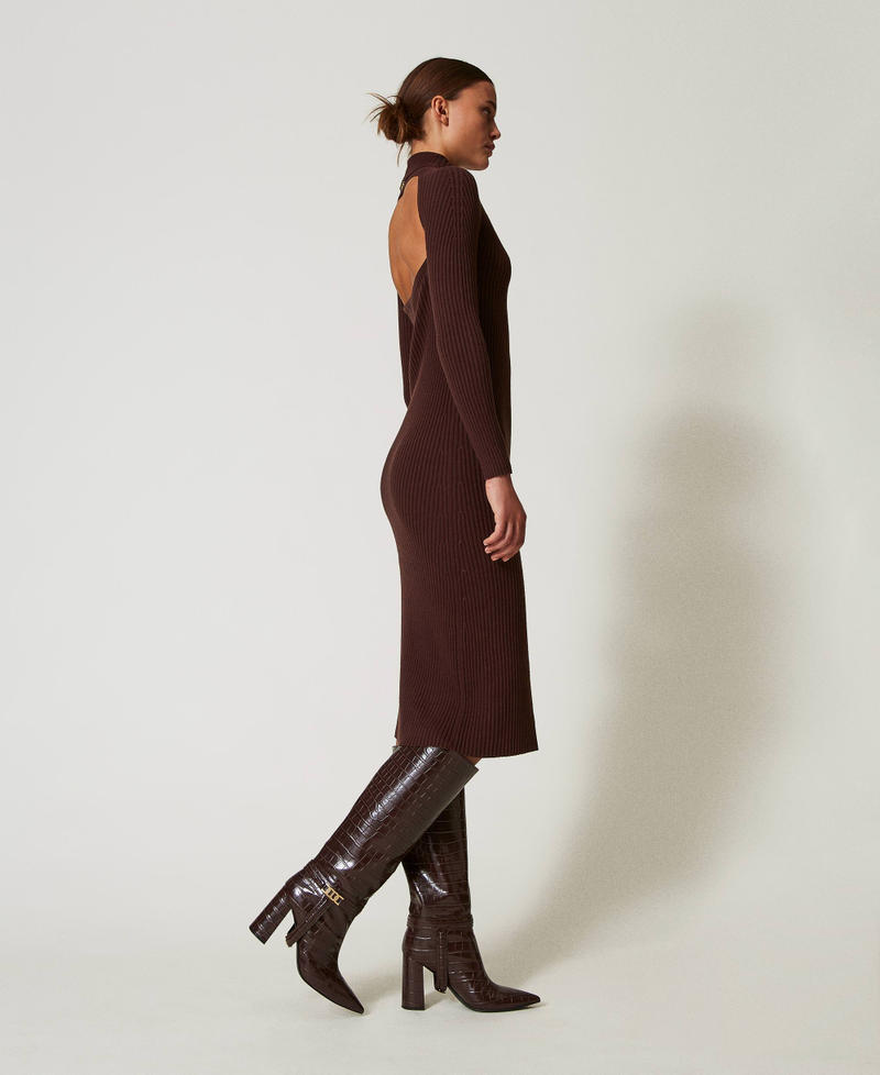 Long ribbed knit dress with cut-out Coffee Chocolate Woman 242TT3062_11946_02