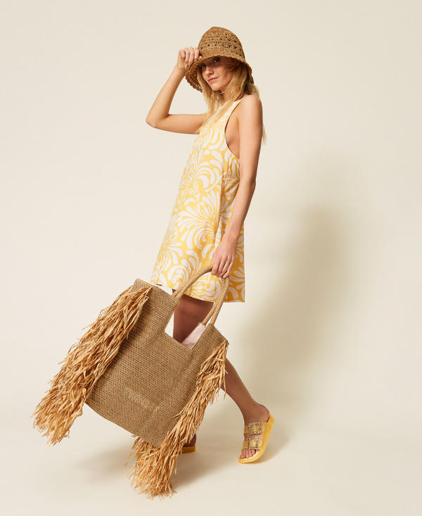 Raffia shopper bag with side fringes