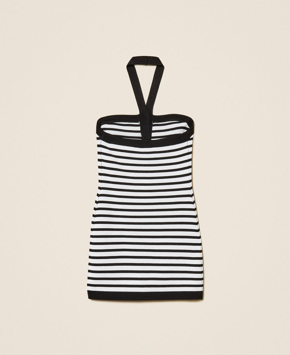Short striped knit dress with buttons Two-tone Black / Off White Stripe Girl 261GJ3061_11008_S1